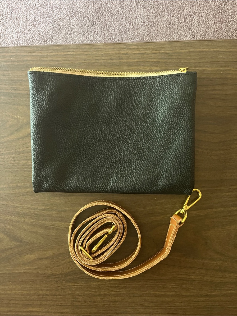 Sseko Black Leather Pouch with Tan Strap and Gold Hardware